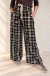 Spodnie damskie wide leg czarne w beżowo-brązową kratę ze sznurowaniem - Celebracja Butik