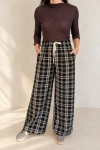 Spodnie damskie wide leg czarne w beżowo-brązową kratę ze sznurowaniem - Celebracja Butik